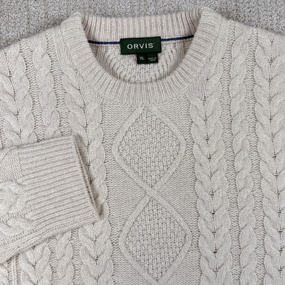 Orvis Men's XL Beige Ivory Cable Knit Wool Nylon Fisherman Crew Neck Sweater